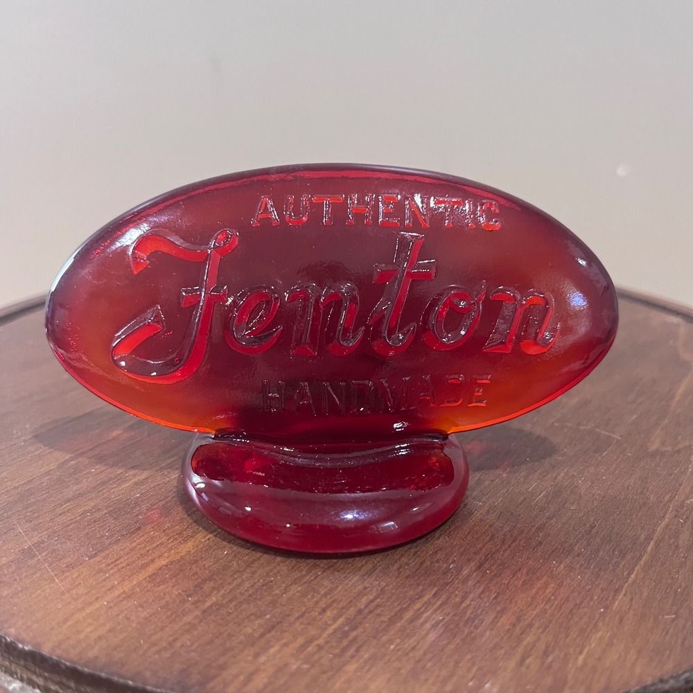 Vtg Fenton‎ Glass Dealer Sign Red Amberina Cadmium Glow Logo Plaque 4" Display